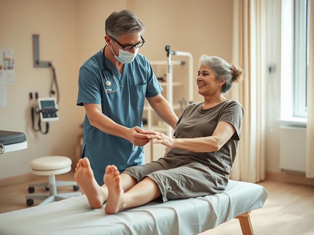 A supportive rehabilitation environment where a therapist is assisting a