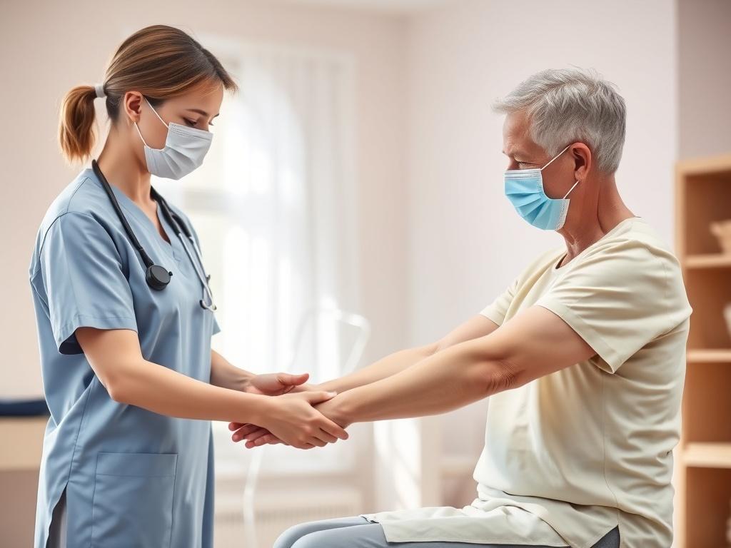A caring physical therapist assisting a surgical patient in a rehabilitation session. The therapist is guiding the patient through gentle exercises, ensuring proper form and support. The background is bright and welcoming, with soft colors and natural lighting, creating a tranquil ambiance that promotes healing and recovery.