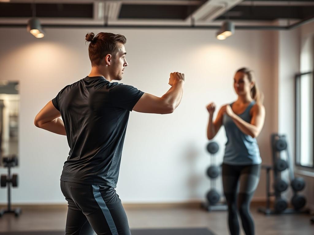 A personal trainer demonstrating a workout routine to a client in a well-lit gym setting. The trainer is showcasing an exercise while the client follows along, looking motivated and engaged. The background features soft, calming colors and a clean gym environment, emphasizing a positive and encouraging atmosphere for fitness.