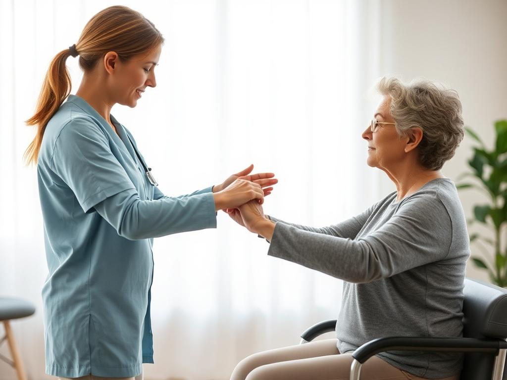 A serene rehabilitation setting with a single therapist assisting a patient in performing rehabilitation exercises. The therapist is demonstrating a gentle stretch while the patient looks focused and engaged. The background features soft tones, gentle lighting, and calming colors that create a peaceful atmosphere, reflecting a sense of healing and support.