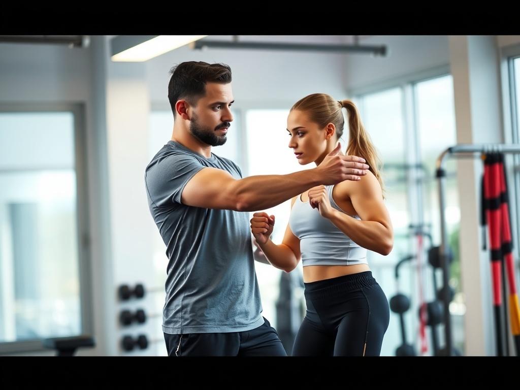 A personal trainer and client engaged in a workout session in a well-lit gym. The trainer is demonstrating an exercise while the client follows along, demonstrating focus and determination. The background features fitness equipment like weights and resistance bands, creating an energetic atmosphere.
