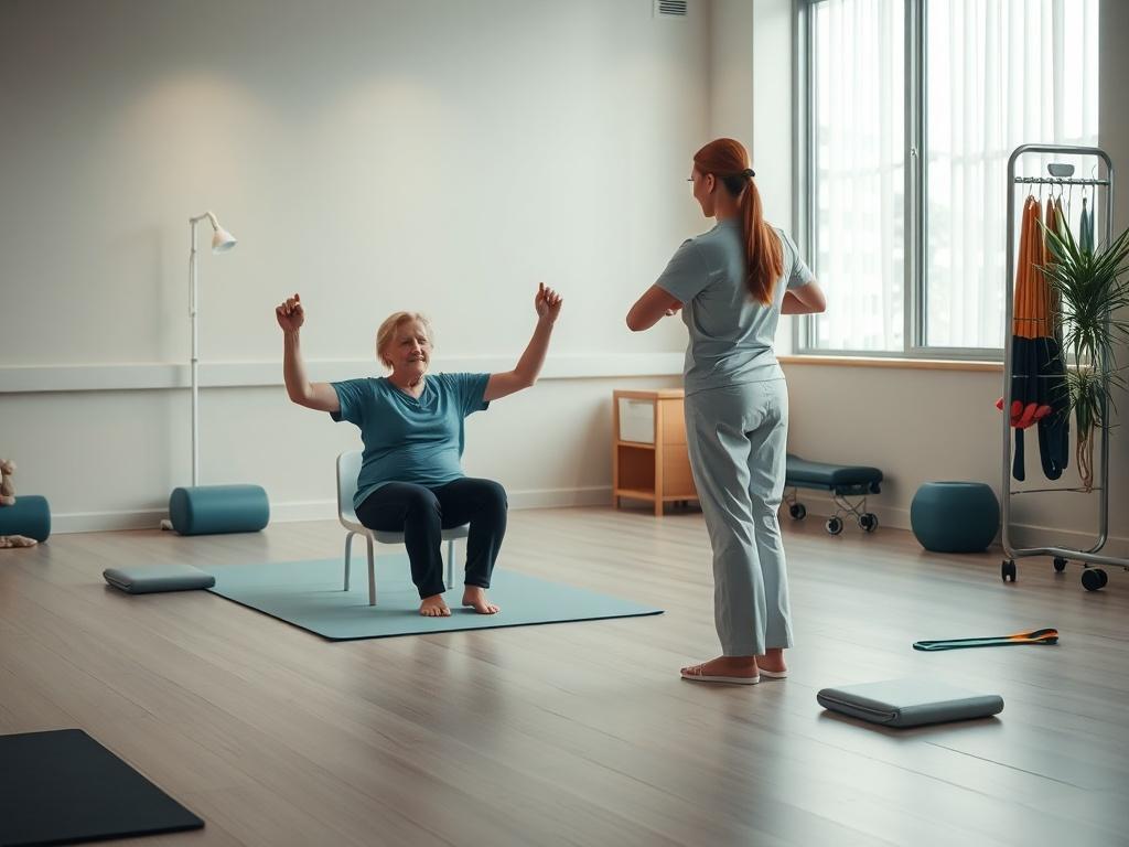 A serene rehabilitation room with soft lighting, featuring a single patient working on strength exercises with a physiotherapist beside them. The background includes calming colors and equipment designed for rehabilitation, such as exercise mats and resistance bands, creating a peaceful atmosphere.