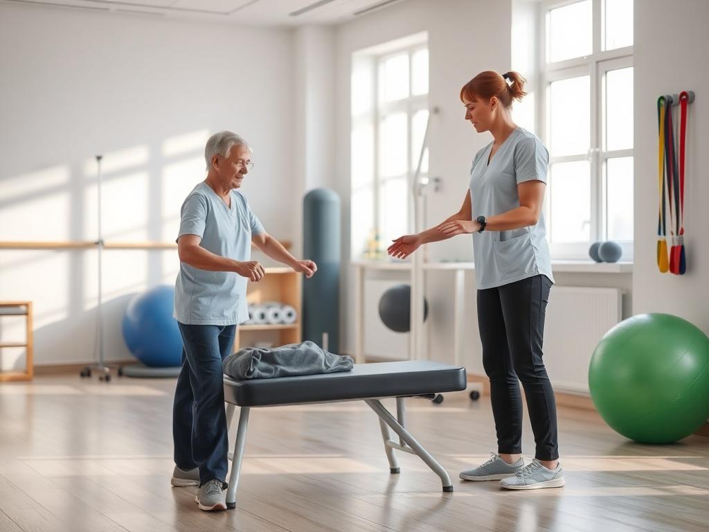 A calm rehabilitation space where a patient is performing post-operative exercises under the supervision of a therapist. The environment is bright and welcoming, with rehabilitation equipment in the background, such as exercise bands and stability balls, emphasizing a supportive recovery atmosphere.