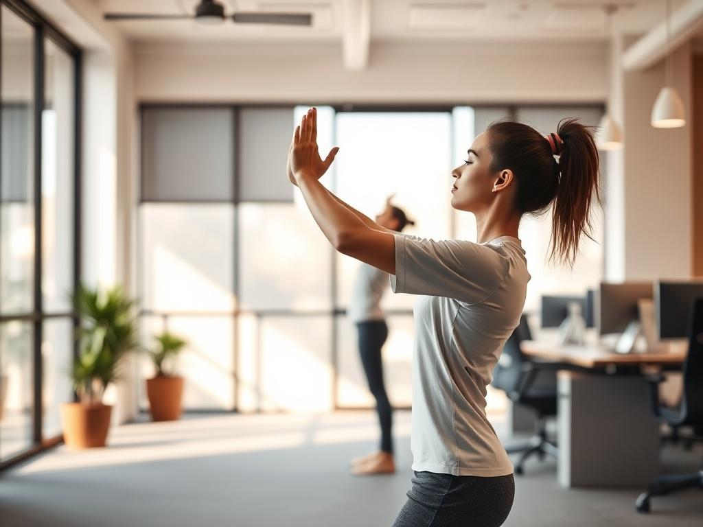 A serene office environment depicting a single employee engaging in a wellness activity, like stretching or meditating. The background should be softly lit with natural light flowing in through large windows, creating a peaceful atmosphere. The employee should appear relaxed and focused, wearing comfortable athletic clothing. The overall color scheme should incorporate soft tones, with accents of the primary color rgb(50, 170, 39) subtly integrated into the office decor.