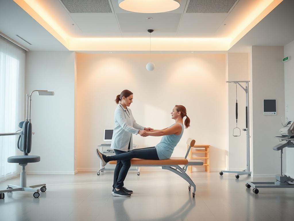 A serene and inviting rehabilitation space with soft lighting, a single therapist guiding a patient through a gentle exercise. The background features tranquil colors and equipment designed for rehabilitation, creating an atmosphere of calm and focus.