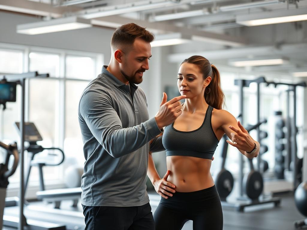 A dedicated personal trainer working closely with a client in a bright, well-equipped gym. The trainer demonstrates an exercise while the client attentively follows along, surrounded by fitness equipment and a motivating atmosphere.