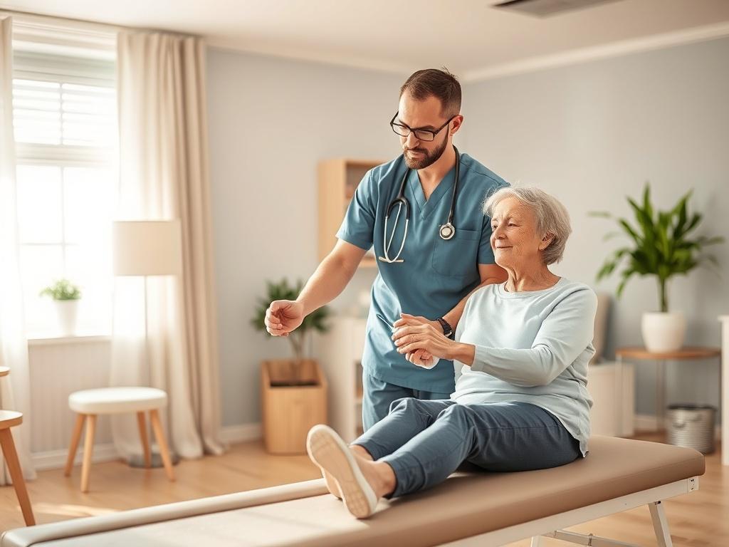 A warm and welcoming rehabilitation space where a therapist assists a post-operative patient in performing a rehabilitation exercise. The focus is on the patient’s determination and the supportive environment, with soft colors and calming decor in the background.
