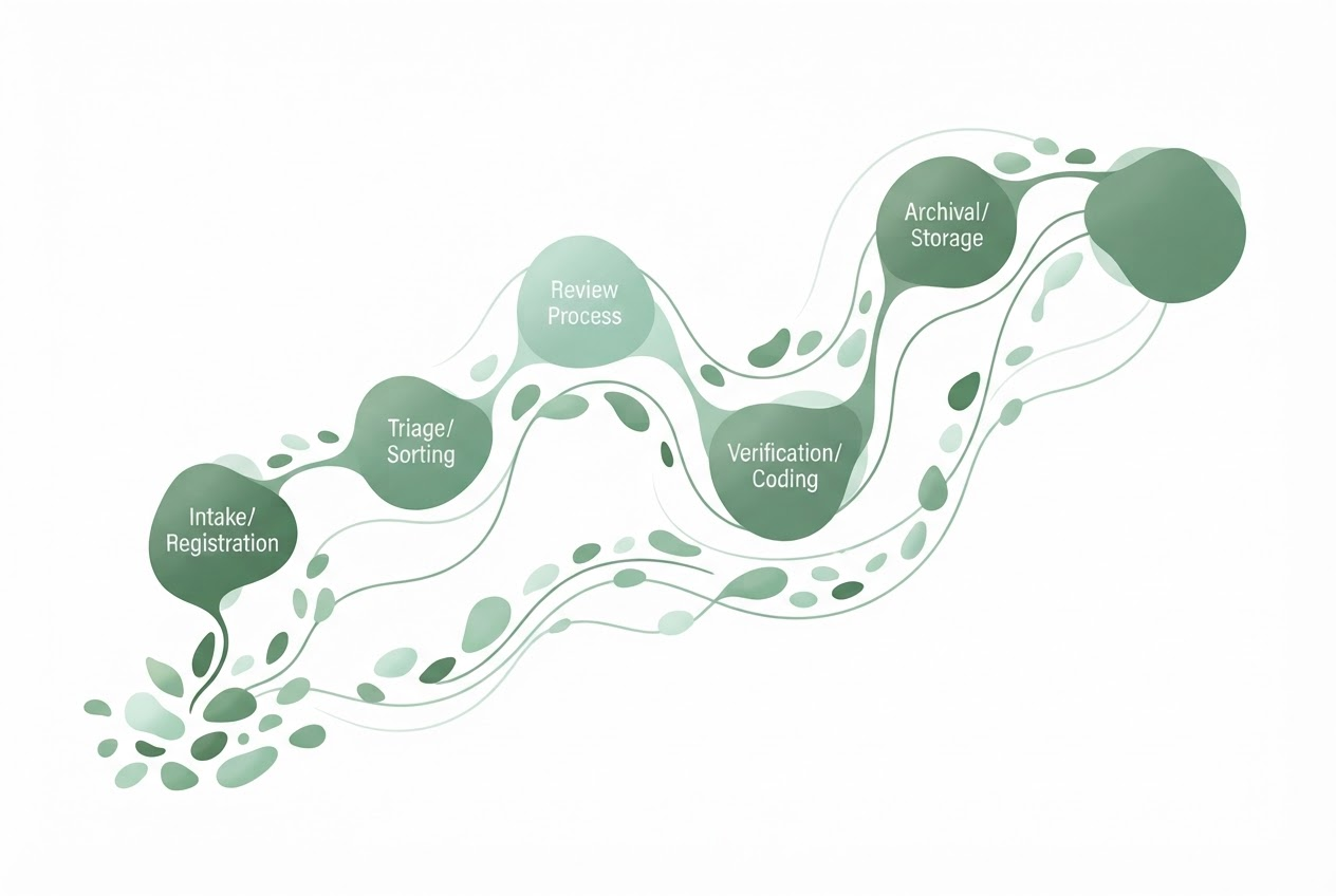 Healthcare document routing diagram showing connected intake process nodes