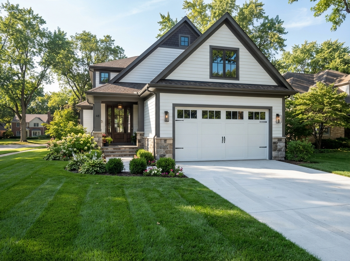 New white sectional garage door installed on a suburban home