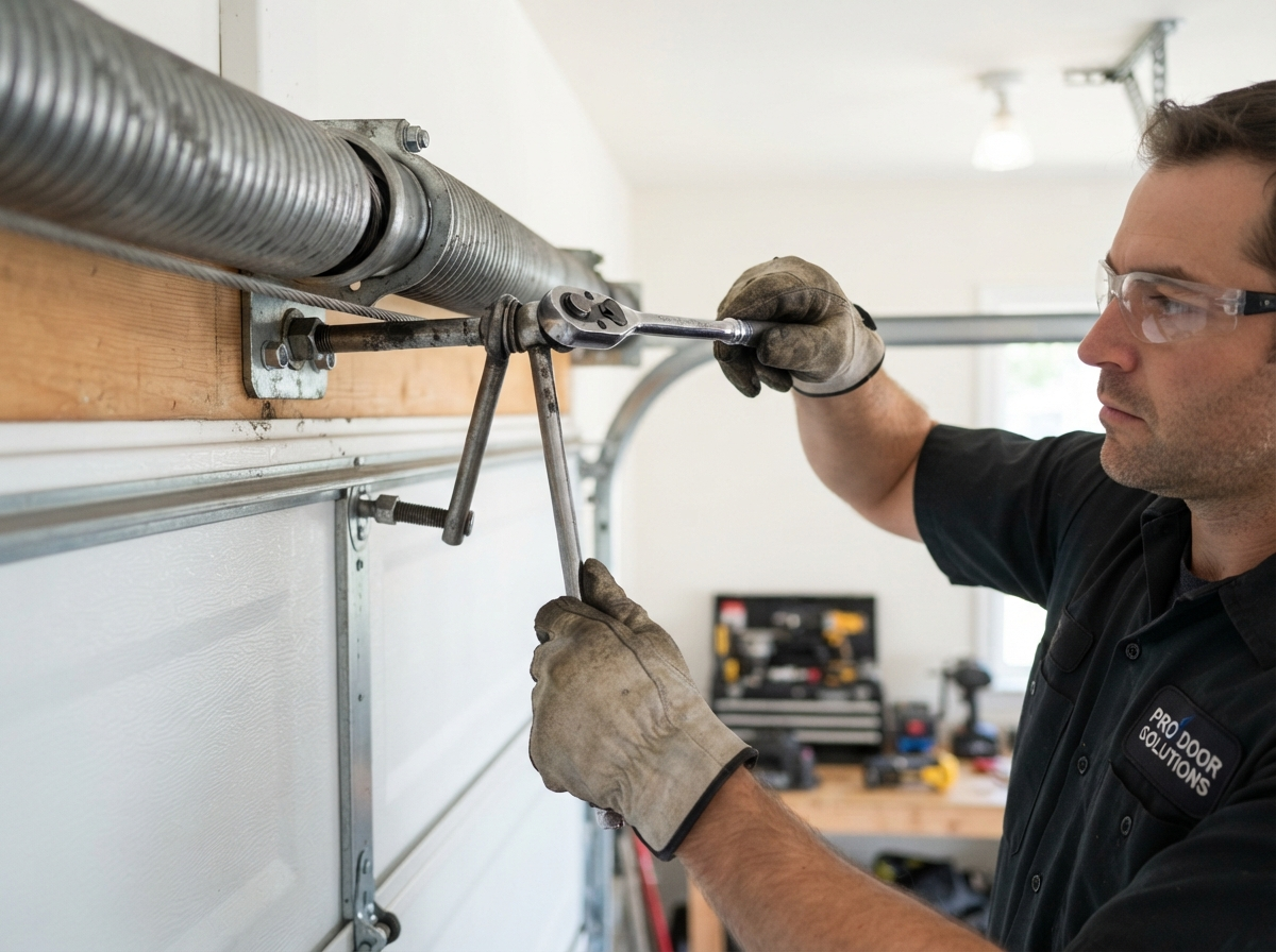 Groves Garage Doors technician repairing a garage door spring