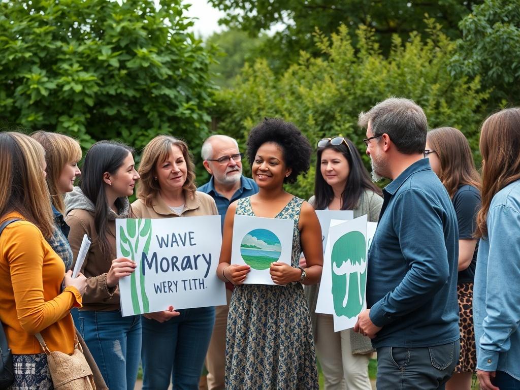 A realistic high-resolution photo of a diverse group of people discussing environmental issues outdoors. The scene features individuals of various ages and backgrounds, holding signs and engaging in conversation, surrounded by lush greenery that symbolizes the Moray Firth. The atmosphere should be vibrant and active, capturing the essence of community engagement in environmental advocacy. The colors should be natural and earthy, reflecting the importance of nature.