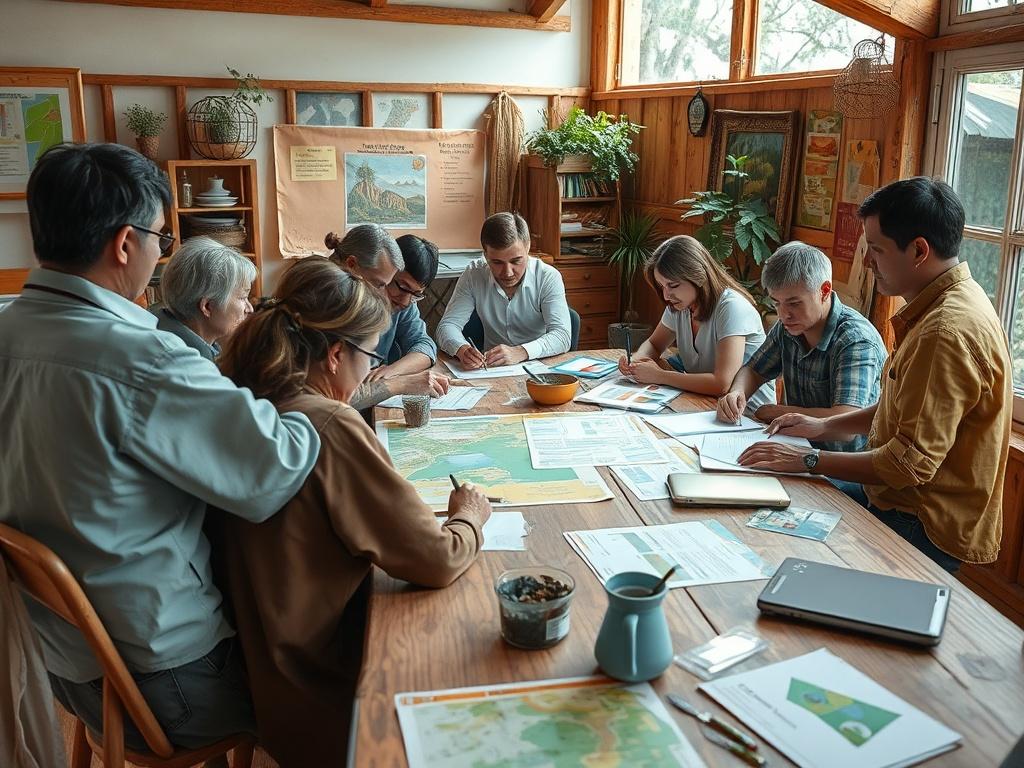 A vibrant workshop scene with community members gathered around a