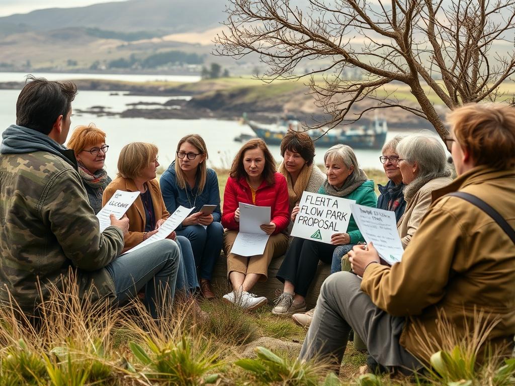 A detailed and realistic high-resolution photo of a community meeting in a natural setting, showcasing a diverse group of people discussing environmental concerns. The setting should convey a sense of urgency and community involvement, with a backdrop of the Moray Firth. Participants should appear engaged, with some holding signs or papers related to the FLOW Park proposal. The image should have earthy tones and reflect a grounded, rustic aesthetic.