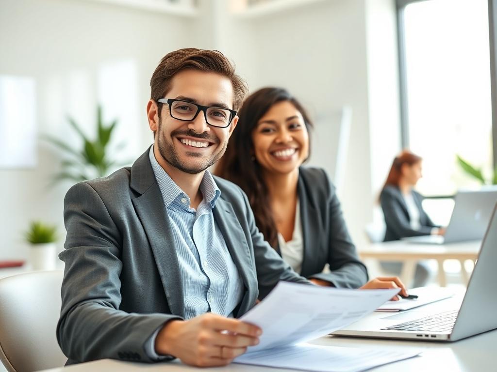 A realistic high-resolution photo of a friendly loan officer discussing loan options with a client in a modern office setting. The focus is on the loan officer, who appears professional and approachable, wearing business attire. The background features a clean, organized office space with a desk, financial documents, and a laptop. The lighting is bright and welcoming, emphasizing a sense of trust and professionalism. The color palette includes greens and neutral tones to convey a sense of calm and reliabili