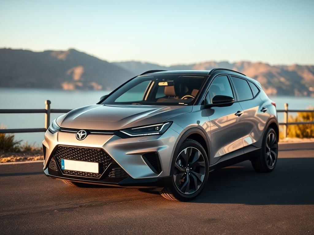 A realistic high-resolution photo of a modern vehicle parked in a scenic location, showcasing its sleek design. The vehicle should be the sole subject, with a simple and clear background that enhances its appearance. The photo should be taken with a 45mm f/1.2 lens to create a beautiful depth of field effect, focusing on the vehicle while slightly blurring the background, capturing the rich colors compatible with the primary color rgb(50, 170, 39).