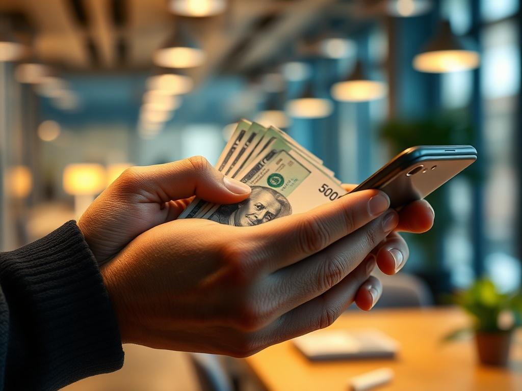 A close-up shot of a person holding cash in one hand and a smartphone in the other, with a blurred background of a modern, clean office environment. The lighting is warm and inviting, highlighting the cash and phone. The image should convey a sense of urgency and relief, focusing on the cash as the main subject, while maintaining a hyper-realistic style with rich colors, especially the primary color rgb(50, 170, 39).