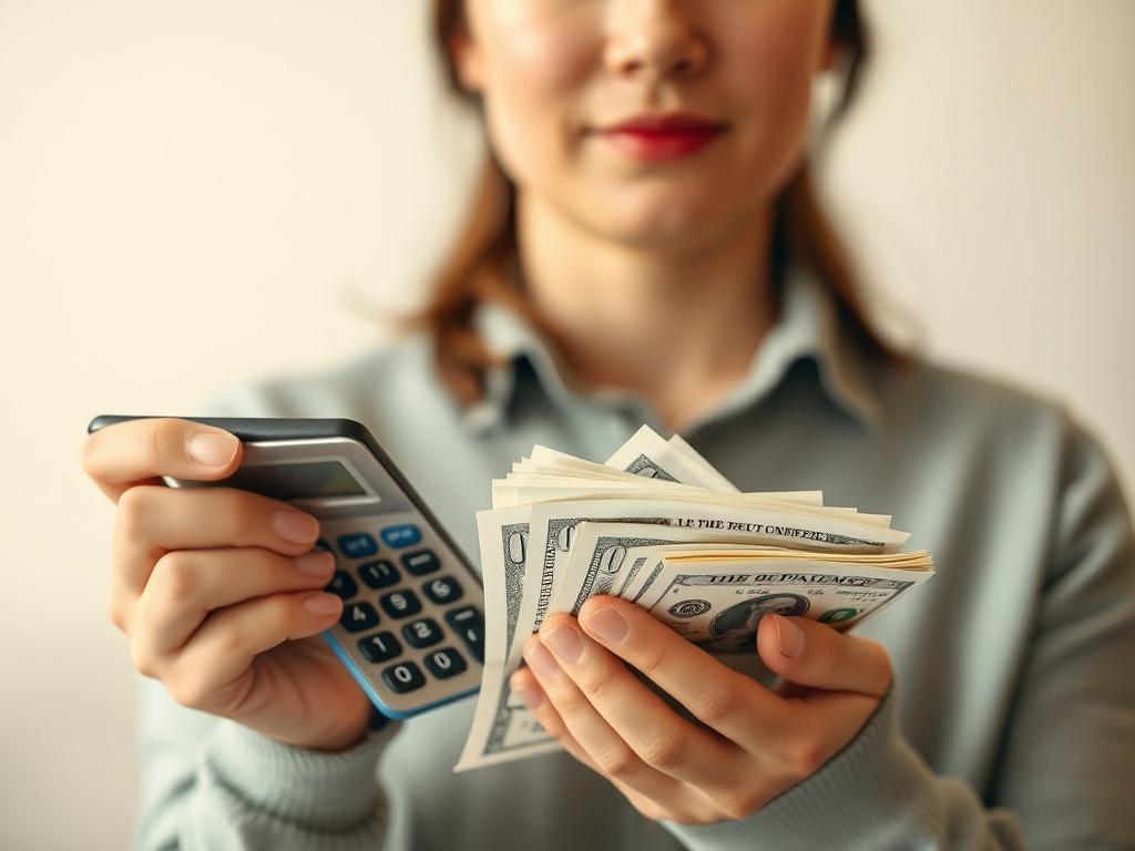 A close-up shot of a person holding a calculator and a stack of bills, with a calm expression, symbolizing debt management. The background should be simple and uncluttered, featuring soft, neutral colors to create a sense of tranquility. The lighting should be warm and inviting, emphasizing the individual's focus on solving their financial challenges.