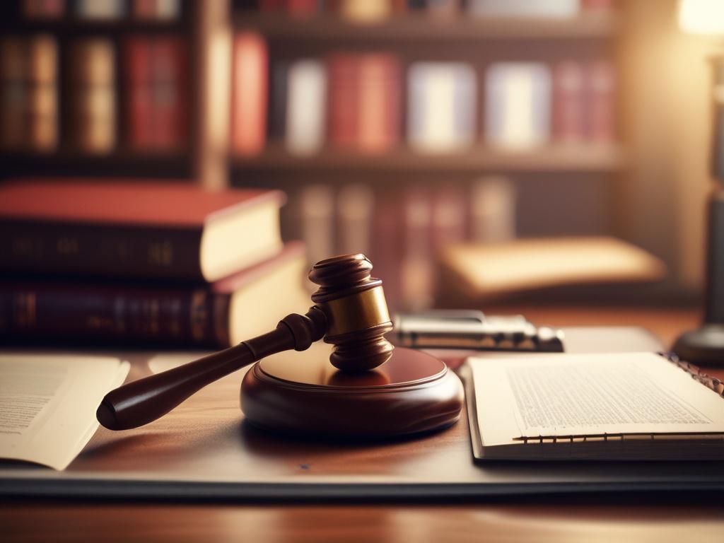 Close-up of a legal desk with law books, a gavel, and a legal pad, illuminated by soft office lighting, creating an atmosphere of professionalism.