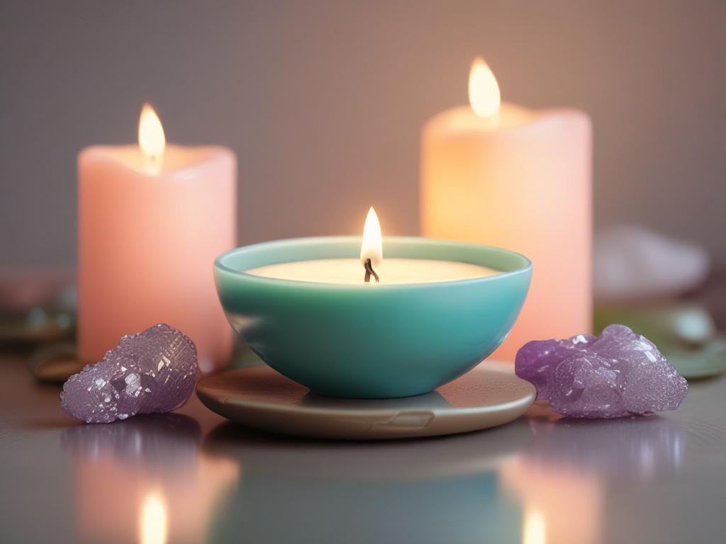Close-up shot of a serene meditation space, featuring candles, crystals, and soft ambient lighting, creating a tranquil atmosphere.