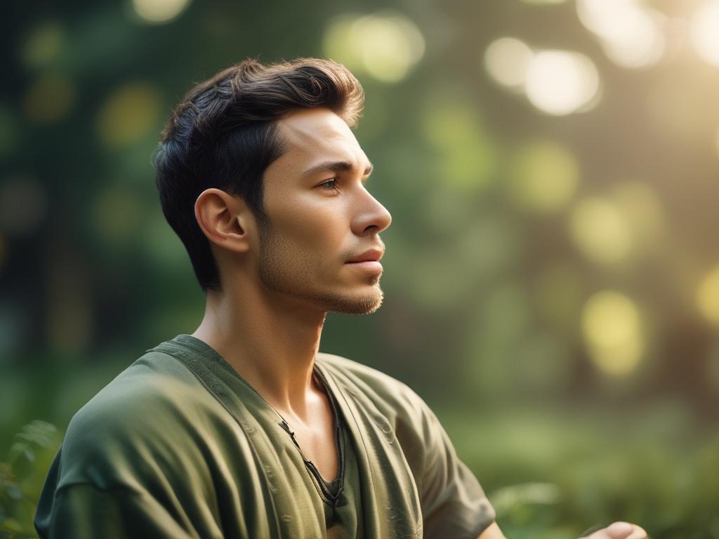 close-up of a serene individual meditating in a tranquil outdoor setting, soft natural light, blurred greenery in the background, hyper-realistic, 45mm f/1.2 lens style