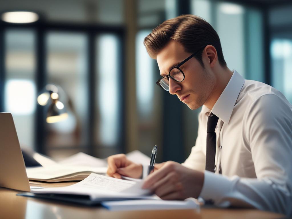 close-up of a thoughtful individual reviewing legal documents in a bright office, professional setting, soft focus background, hyper-realistic, 45mm f/1.2 lens style