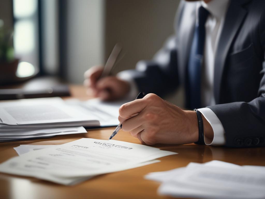 close-up of a confident individual reviewing financial documents at a desk, warm lighting, minimalist office background, hyper-realistic, 45mm f/1.2 lens style