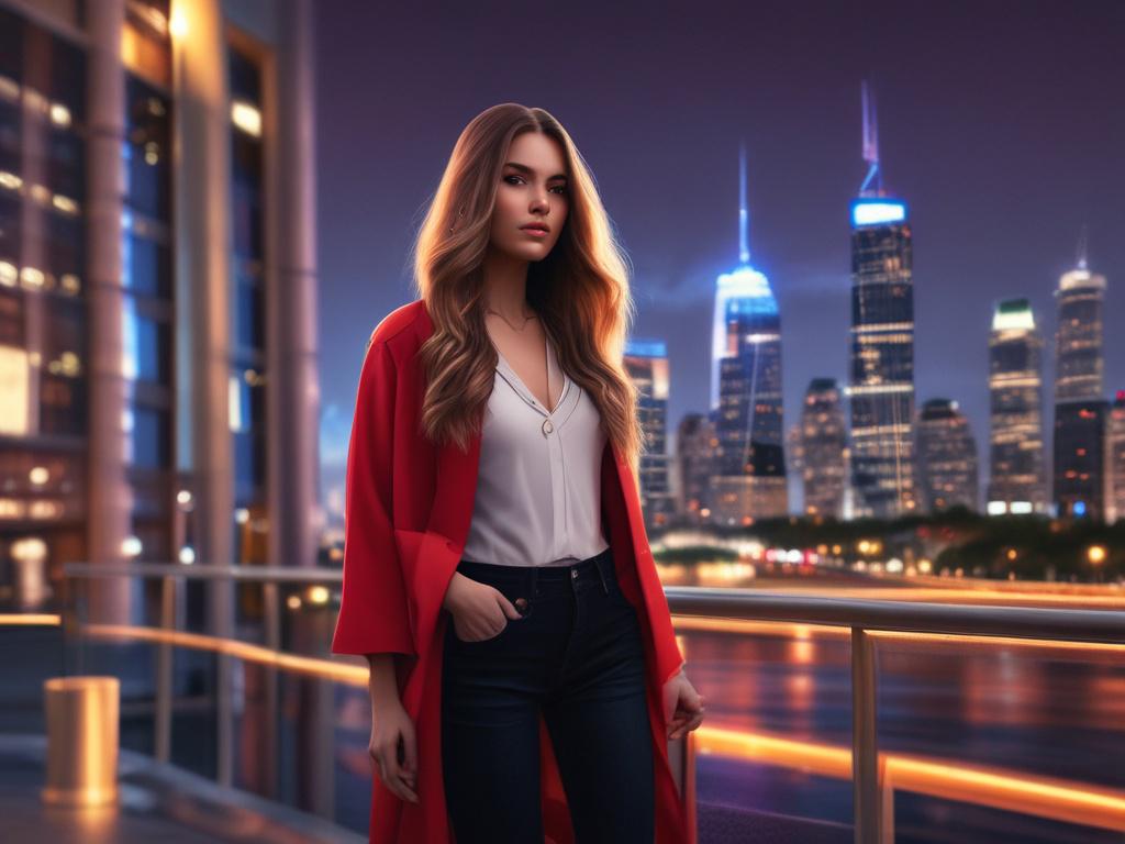 A stunning young woman with long flowing hair, wearing a