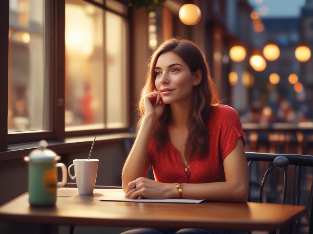 A beautiful housewife in a stylish, casual outfit, sitting at