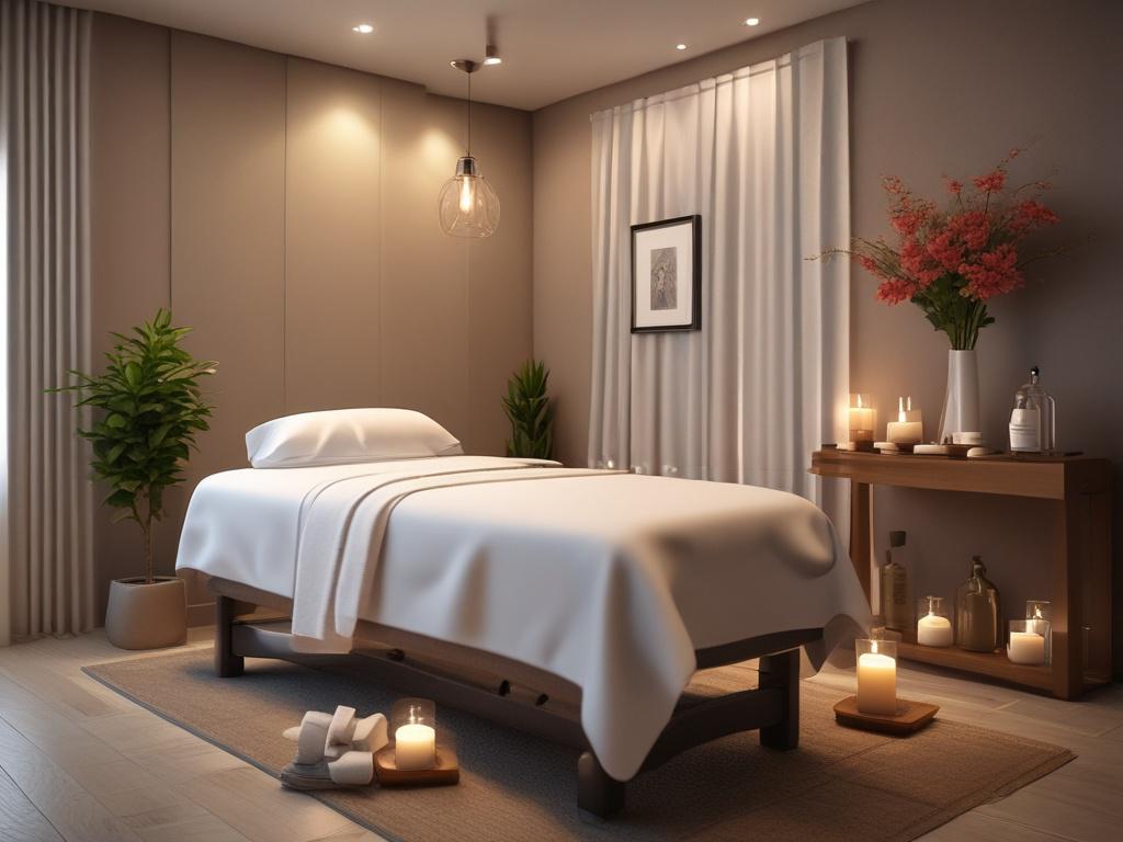 An inviting massage room with soft lighting, candles, and calming