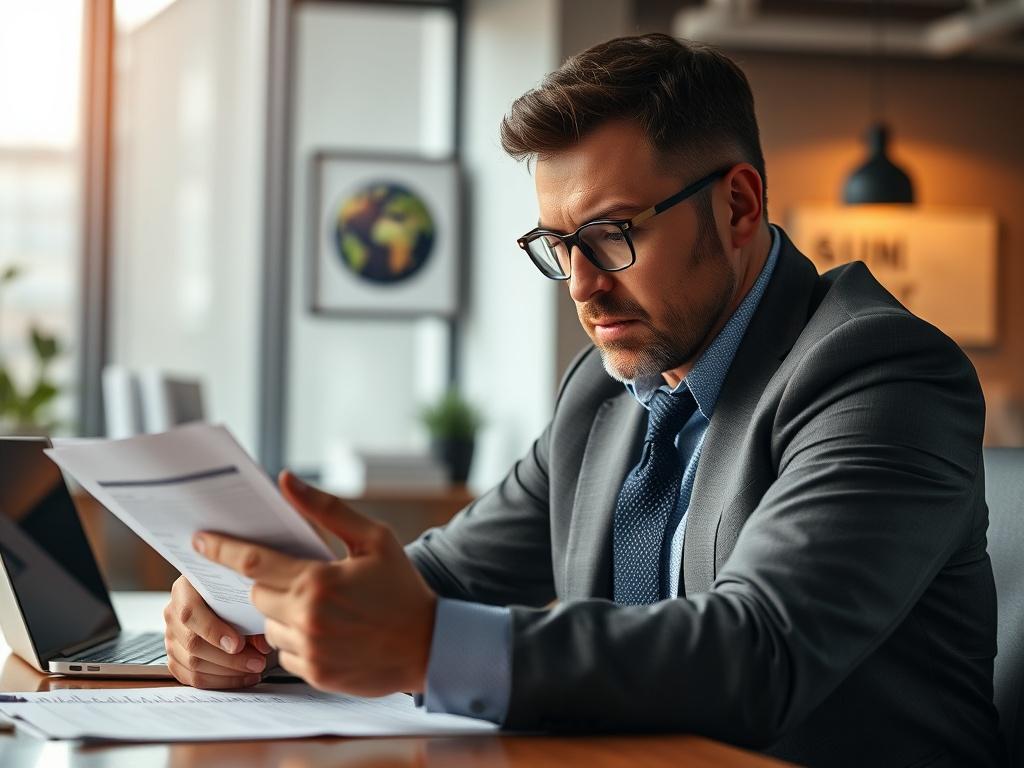 A close-up shot of a professional tax consultant seated at a desk, reviewing tax documents with a focused expression. The background features a modern office setting with a laptop and tax-related materials subtly displayed. The lighting is warm and inviting, creating a sense of trust and professionalism. Shot with a 45mm f/1.2 lens style, emphasizing the consultant's attentive demeanor.