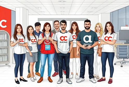 Corporate team wearing branded apparel