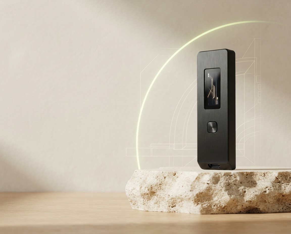 Matte black hardware wallet displayed on an ivory pedestal