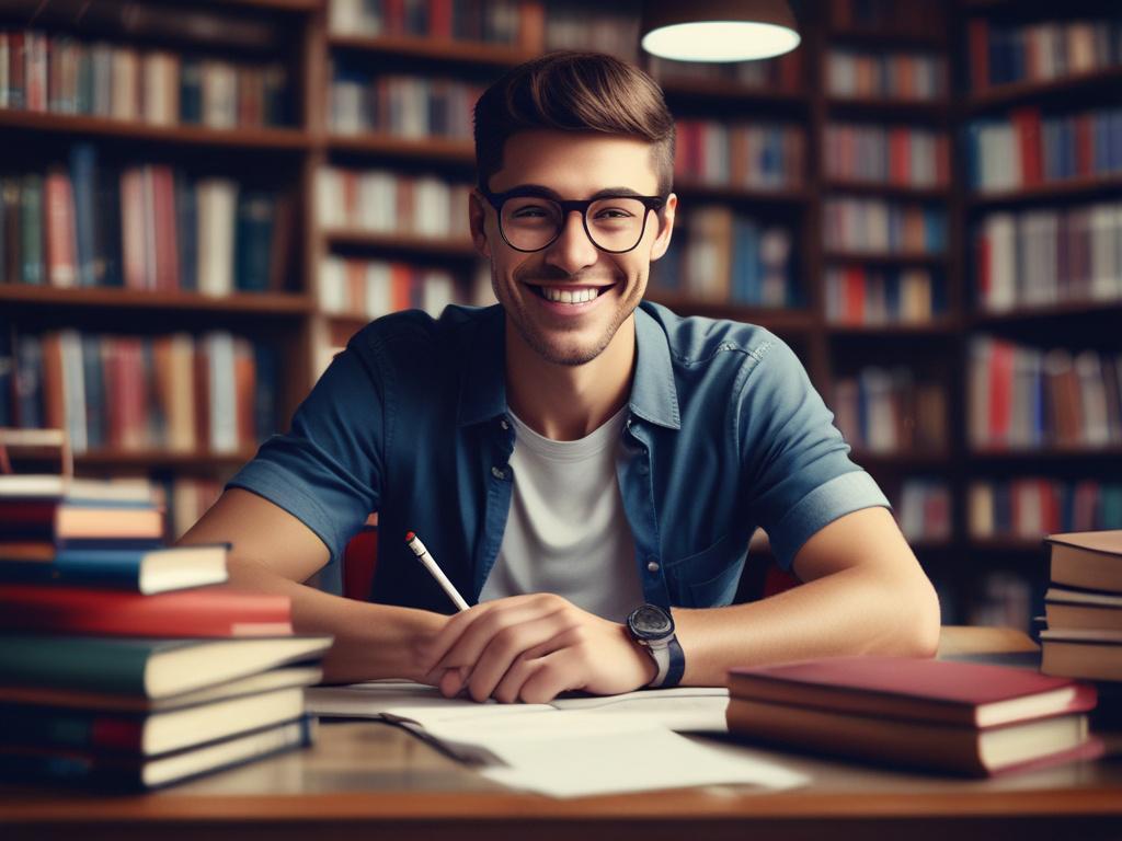 A close-up portrait of a passionate tutor smiling warmly, showcasing their dedication to education. The tutor is sitting at a desk with books and a laptop in front of them, surrounded by a cozy and inviting study environment. The background features soft, blurred elements of a well-organized study space. The lighting is warm and inviting, highlighting the tutor's enthusiasm for teaching. The image should be captured with a 45mm f/1.2 lens for a hyper-realistic effect, with a focus on the tutor's face and a 