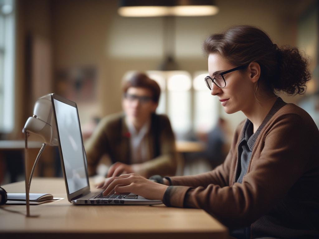 A close-up shot of a tutor actively engaging with a student over a laptop, showcasing a cozy learning environment. The tutor, a middle-aged woman with glasses, is explaining a concept with enthusiasm. The background features a well-organized study space with books and educational materials visible. The image is rendered in hyper-realistic style, focusing on the expressions of both the tutor and the student, captured with a 45mm f/1.2 lens style and compatible with the #C31755 primary color.
