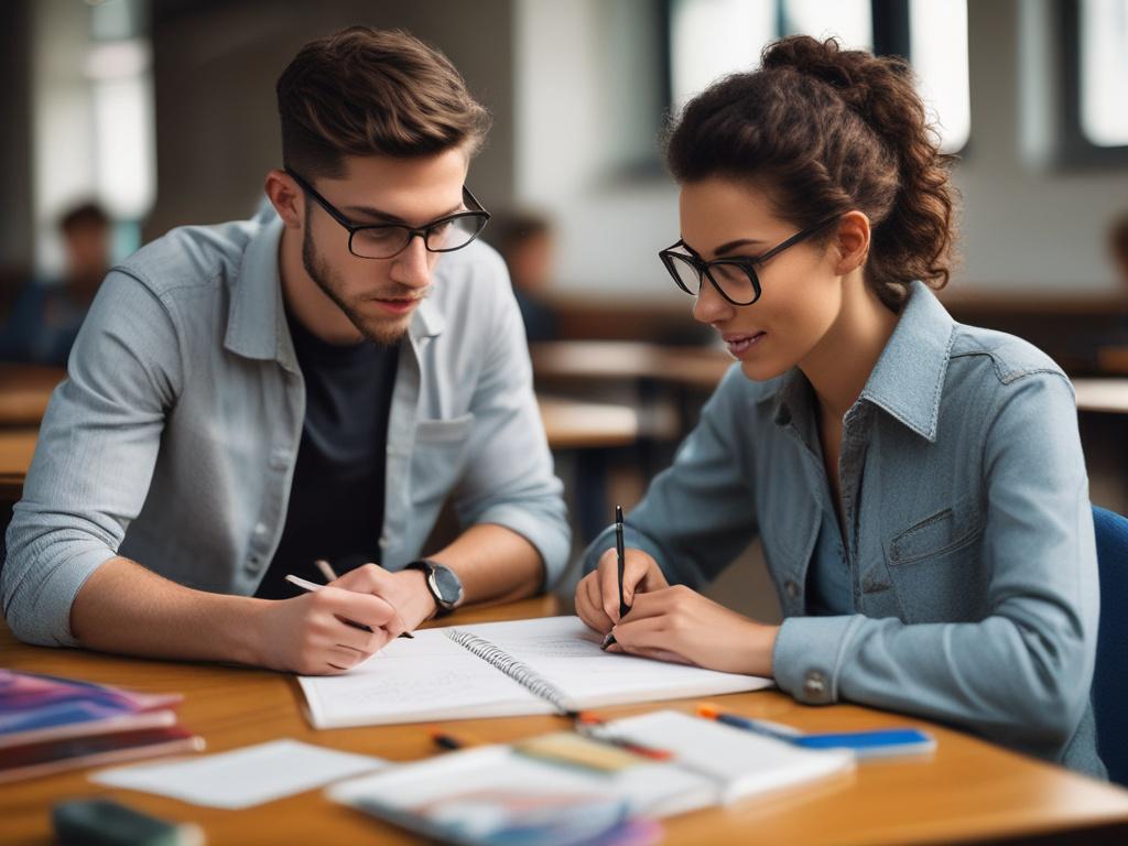 A close-up shot of a tutor working one-on-one with a student, focused on a personalized learning plan. The tutor is engaged, pointing at a notebook filled with notes and diagrams. The background is softly blurred to emphasize the interaction, with warm, inviting colors that complement the primary color #C31755.