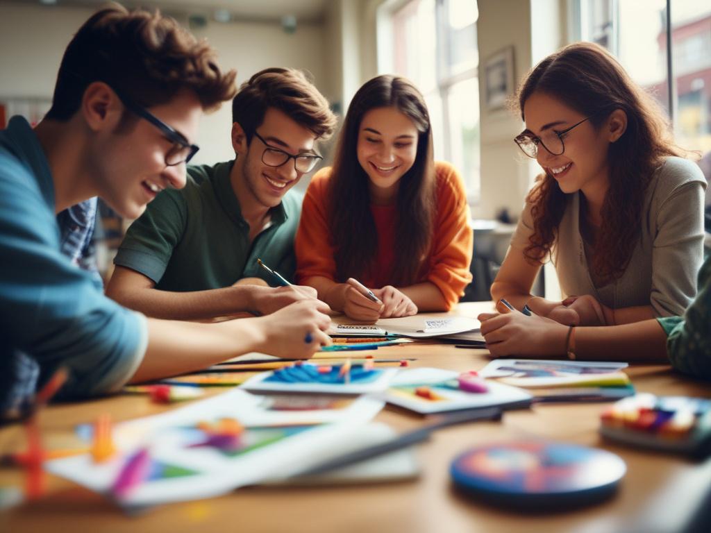 A vibrant scene depicting a group of enthusiastic young students engaged in a collaborative learning activity. They are gathered around a table filled with colorful learning materials, laughing and discussing ideas with a friendly tutor guiding them. The background should show a cozy classroom setting with educational posters and resources, providing a warm and inviting atmosphere. The image should be shot in a close-up, focusing on the interactions among the students, using a 45mm f/1.2 lens style.
