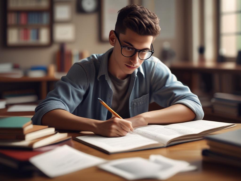 A close-up of a focused student sitting at a desk, studying for an exam with a determined expression. The desk is filled with study materials, including textbooks, notepads, and colorful flashcards. A clock in the background subtly indicates time management. The lighting should be bright yet soft, creating a conducive study environment. The image captures the essence of preparation and determination, shot with a 45mm f/1.2 lens style.