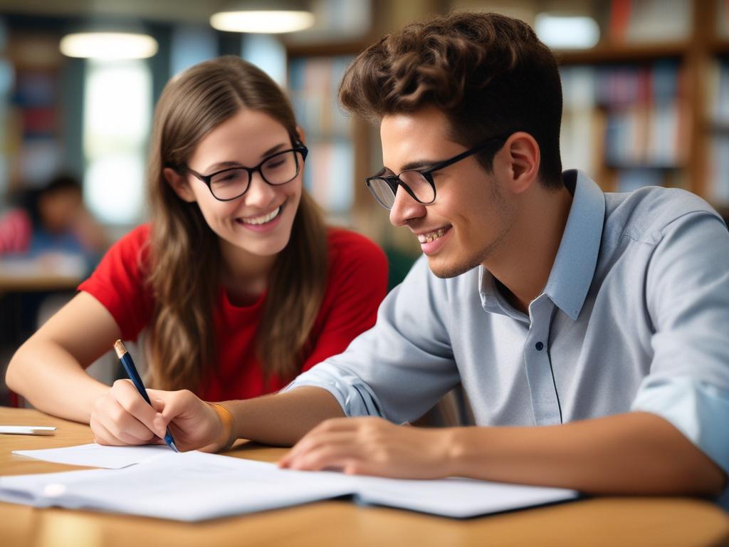 A close-up shot of a passionate tutor working one-on-one with a young student in a bright, inviting learning space. The tutor is engaging with the student, pointing at a workbook filled with colorful illustrations and diagrams. The background should be softly blurred, featuring educational materials on shelves, creating a warm and supportive atmosphere. The focus should be sharp on the tutor and student, captured with a 45mm f/1.2 lens style.