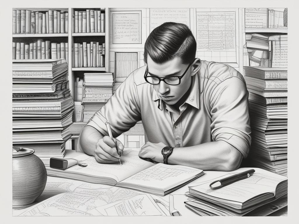 A close-up shot of a student diligently studying at a desk, surrounded by notebooks and study guides. The student is writing notes with a focused expression, and a warm, inviting desk lamp illuminates the workspace, captured with a 45mm f/1.2 lens style.