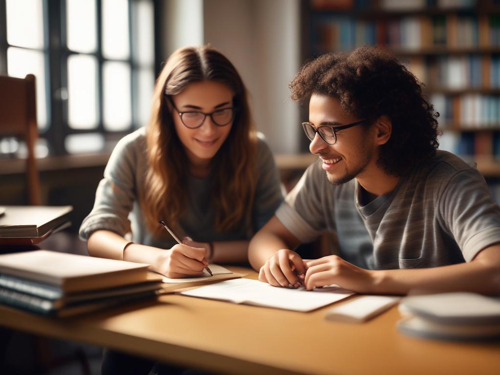 A close-up shot of a tutor interacting with a student, both engaged in a learning activity at a table. The setting is a well-lit room with books and educational materials in the background. The focus is on the tutor's encouraging expression and the student's concentration, shot with a 45mm f/1.2 lens style.