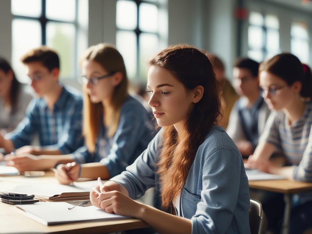 A hyper-realistic image of a group of students participating in an engaging exam preparation workshop. The room is bright and filled with study materials. Students are actively discussing and collaborating, showcasing a dynamic learning environment, captured in a close-up shot with a 45mm f/1.2 lens style.