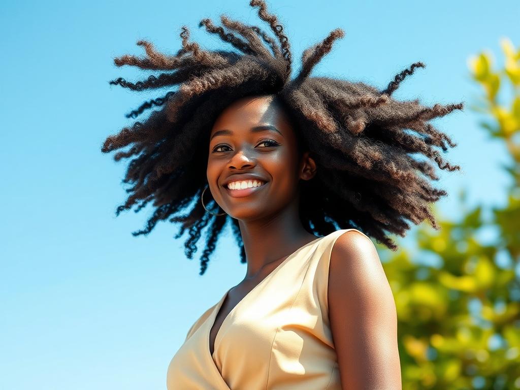 A young Black woman standing confidently outdoors, her natural hair