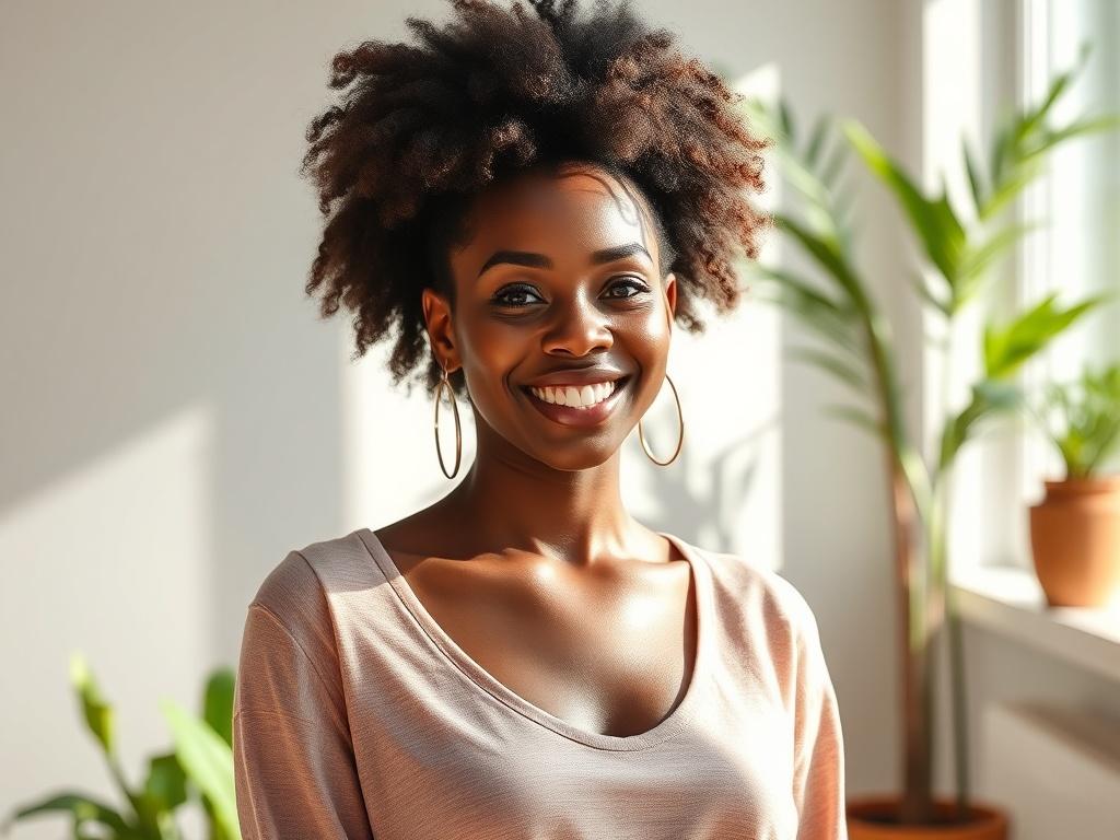 A young Black woman with natural hair radiating confidence, standing