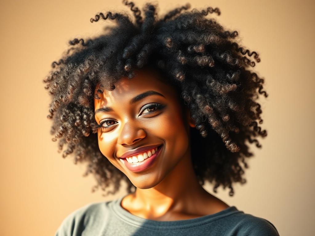 A young Black woman confidently showcasing her natural hair, smiling