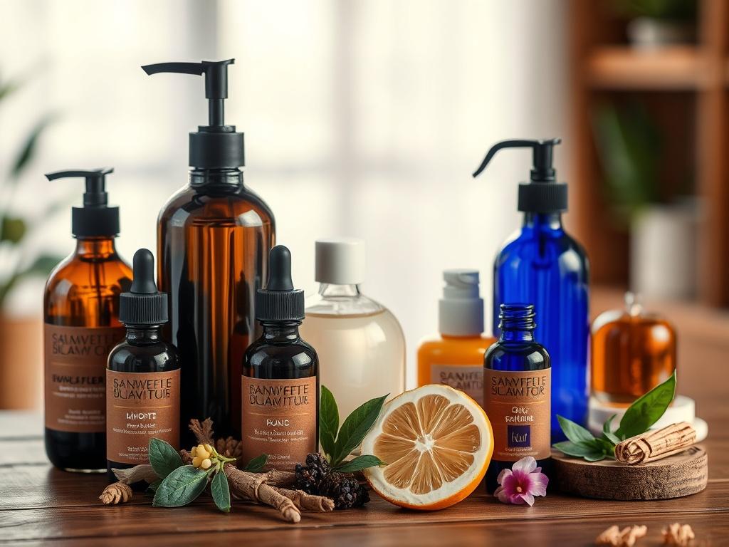 An array of natural hair care products, including oils and