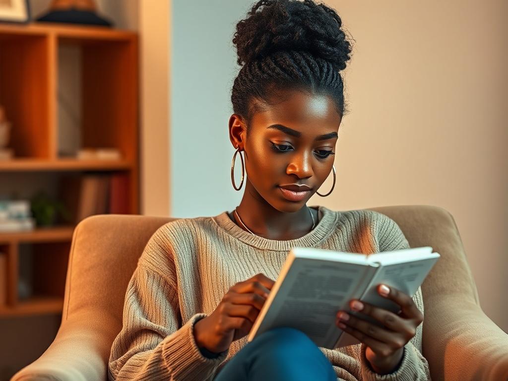 A young Black woman reading the eBook on a tablet,