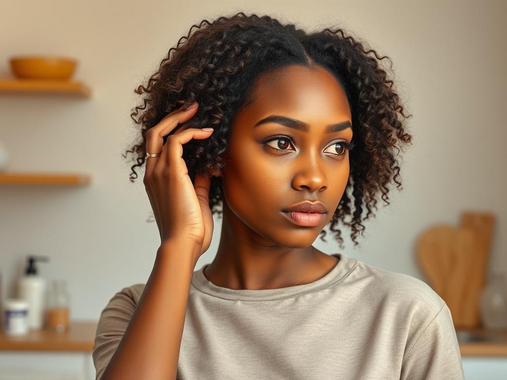 Create a highly detailed and realistic high-resolution photo that captures the essence of a blog titled "The Hidden Dangers of Hair Relaxers." 

**Composition**: The image should have a simple and clear composition, featuring only one subject. Center the subject in the frame for emphasis, allowing for a strong focus on the details without any distractions.

**Subject Matter**: Depict a young Black woman, her hair styled in its natural curly texture, appearing contemplative as she gently touches her hair. He