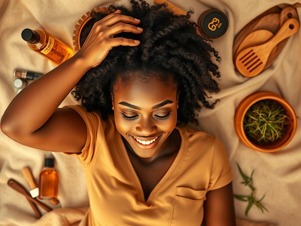 An overhead view of a young Black woman in a cozy setting, surrounded by natural hair care products like oils, herbs, and tools. She is gently massaging her scalp, with a content expression. The background features soft, natural textures and colors, creating a serene atmosphere that highlights the importance of holistic care.