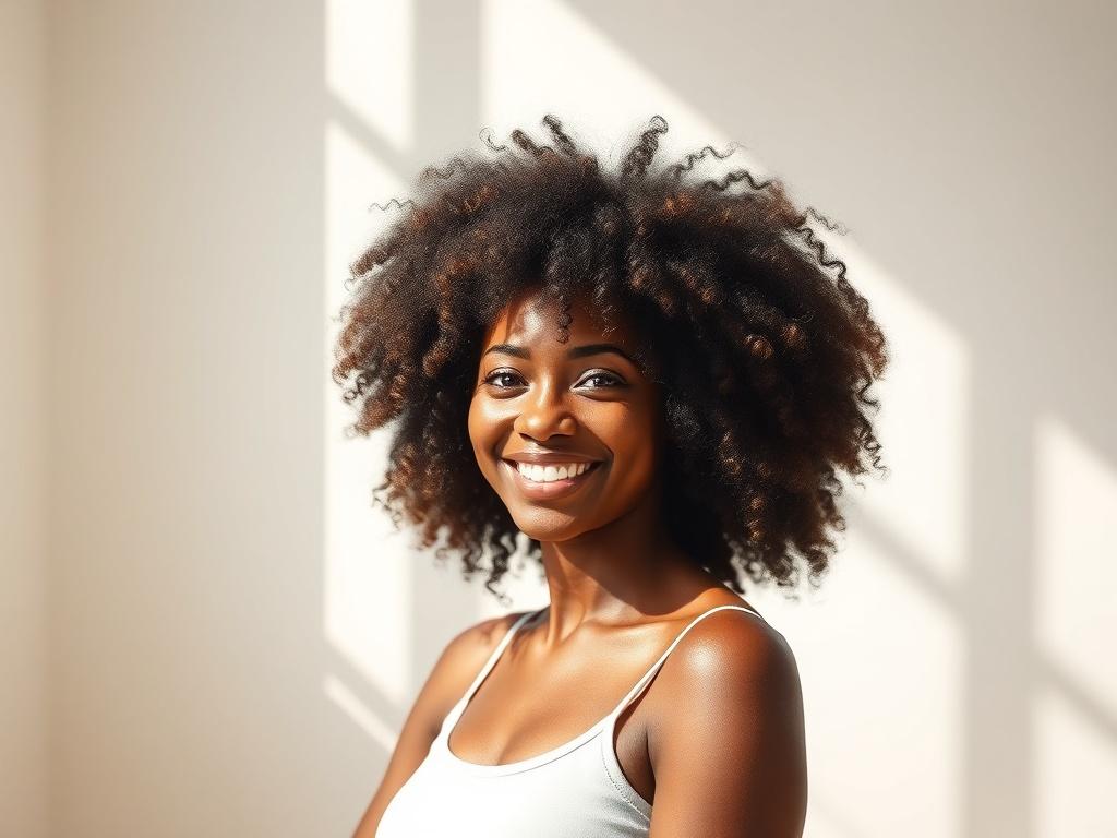 A young Black woman with natural, beautiful hair standing confidently in a sunlit room. She smiles radiantly, showcasing her curly hair. The background is minimalistic, with soft pastel colors, emphasizing her features and the beauty of her natural crown. The lighting highlights her confidence and joy.