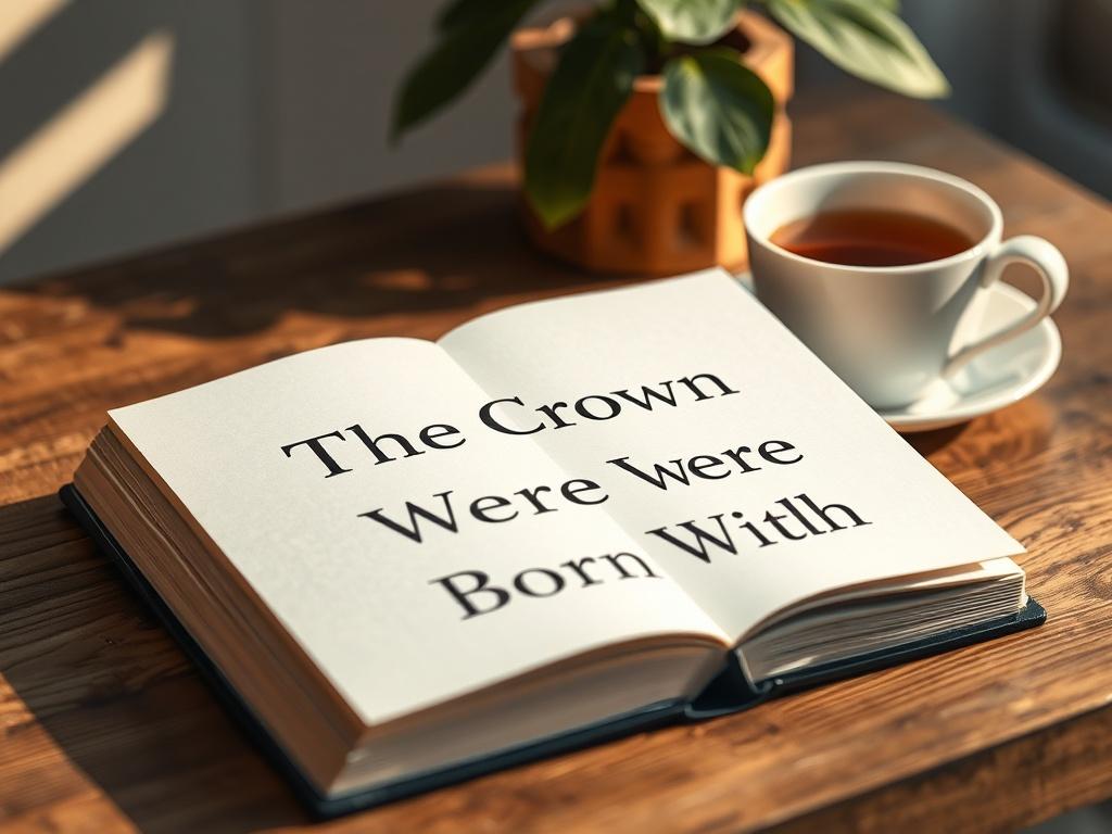 A close-up of an open eBook on a wooden table, showcasing the title 'The Crown We Were Born With'. The background includes elements like a cup of herbal tea and a beautiful plant, symbolizing self-love and empowerment. The lighting is warm and inviting, encouraging the viewer to dive into the knowledge contained within.
